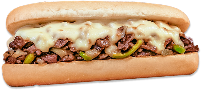 popular hot sub featuring thinly sliced steak, melted cheese, and often onions and peppers on a long rol