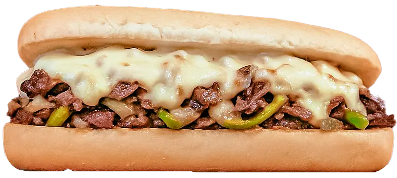 Ribeye cheesesteak with grilled onions, green peppers, and melted provolone on an Amoroso roll