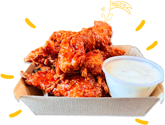 fried chicken tenders or boneless wings served with a side of dipping sauce, likely ranch or a similar creamy sauce