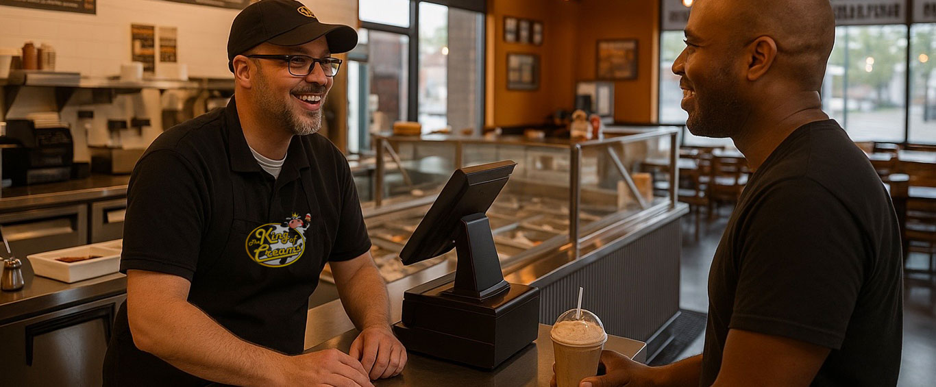 Courtland, owner of King of Creams, smiling and talking with a customer across the counter inside the Hermantown location. The scene shows the interior of the restaurant with warm lighting, modern decor, and a welcoming vibe.